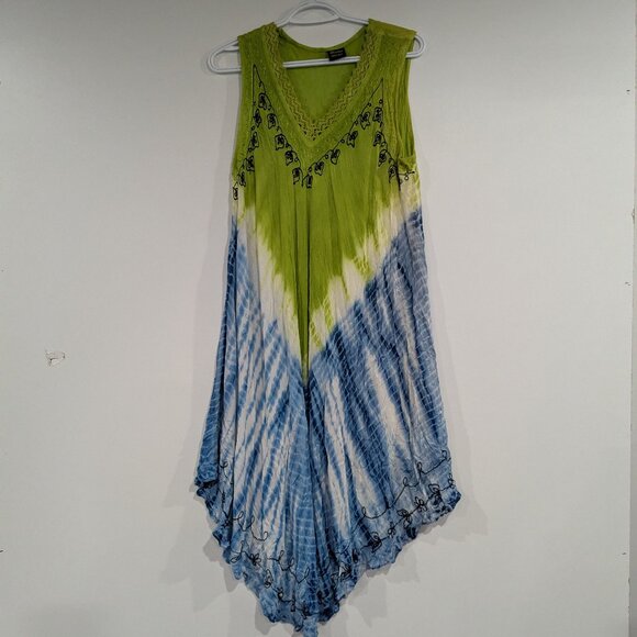 Divine Tie Dye Lace Trim Embroidered Crinkle Dress White Green Blue One Size - Picture 1 of 4